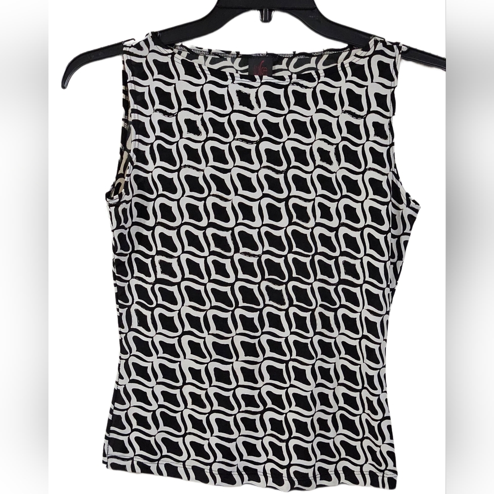 Womens Black and White Patterned Short Sleeve Blouse- Size L